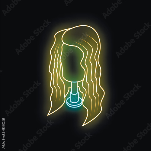Glowing neon sign depicting long wavy blonde wig displayed on mannequin head, creating vibrant, eye catching image against dark backdrop
