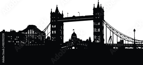 High-Definition Solid Black Silhouette of a The Tower Bridge London,UK Bridge with Perfect Proportions and Sharp Edges black and white with white background 