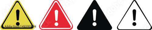 Warning triangle icon set Warning alert icon set with exclamation mark in triangle, black and red outline style, ideal for safety, caution, or error UI indicators 