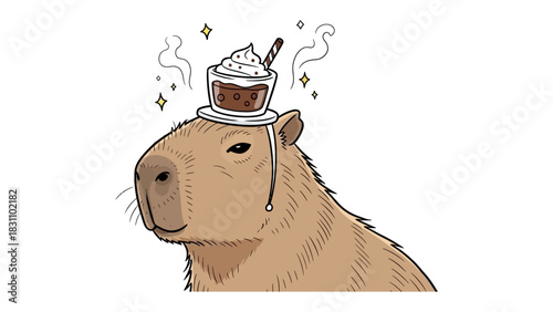 Capybara with Coffee Concept: An illustrated capybara playfully balances a delightful coffee cup on its head, steam and sparkles adding to the whimsical charm and offering a fresh take on relaxation.