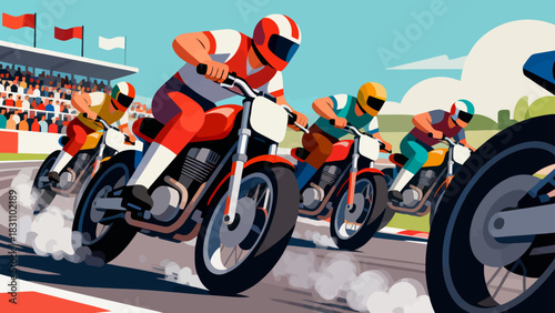 This vibrant illustration depicts a high-speed motorcycle race on a curving track, with colorful bikes and riders competing near the checkered finish line, while spectators watch from the sidelines.