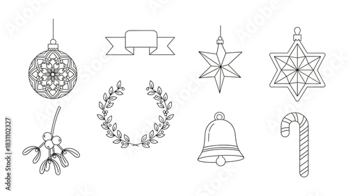 Festive Ornament Collection: An elegant assortment of classic holiday decorations in refined line art, offering a touch of vintage flair and festive spirit, perfect for crafting or seasonal projects.