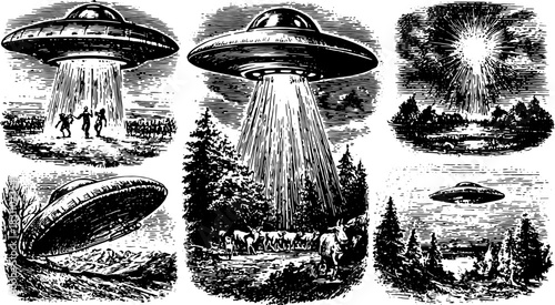 Engraving of UFOs and aliens in vintage style. Hand-drawn vector illustrations depicting a mysterious scene in an extraterrestrial context.