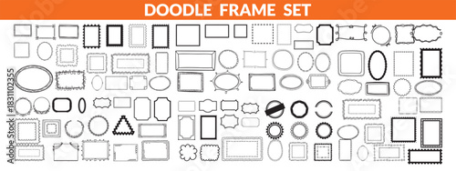 Doodle frame set, vector hand drawn stamp border, vintage abstract wavy post stamp simple design. Blue decorative rectangle label, empty banner shape collection. Coastal retro postmark doodle big set 