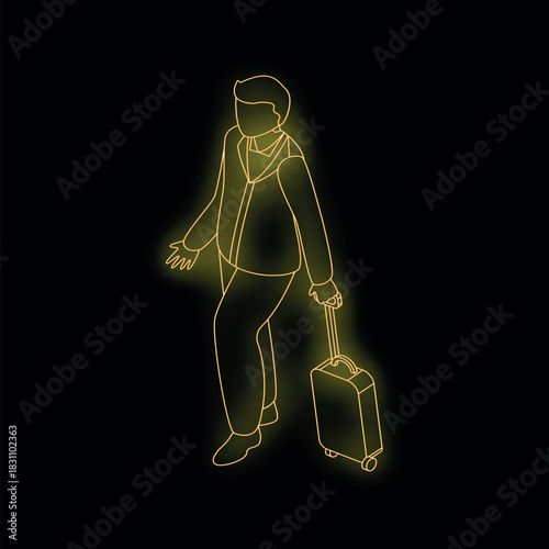 Neon yellow glowing businessman walking and carrying trolley suitcase on black background