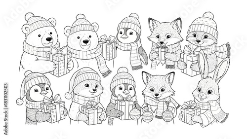 Winter Wonderland Gifts: A collection of adorable woodland animals in a winter scene, each clutching a wrapped present. Celebrate the magic of the season.