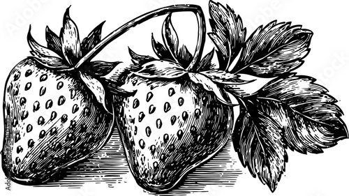 Strawberries in black and white outline style. Vintage vector illustration of fruit and leaves set.
