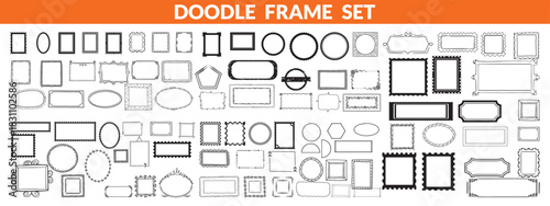 Doodle frame set, vector hand drawn stamp border, vintage abstract wavy post stamp simple design. Blue decorative rectangle label, empty banner shape collection. Coastal retro postmark doodle big set 