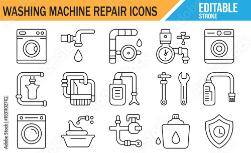 Plumbing and Washing Machine Fix Line Icons for Technical Design