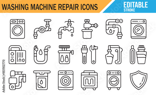 Minimal Washing Machine Service Line Icons with Editable Stroke