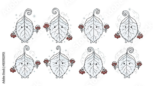 Whimsical Leaf Characters with Flowers: Playful illustration features adorable leaf characters with intricate details and holding delicate flowers, creating a cute and enchanting scene.