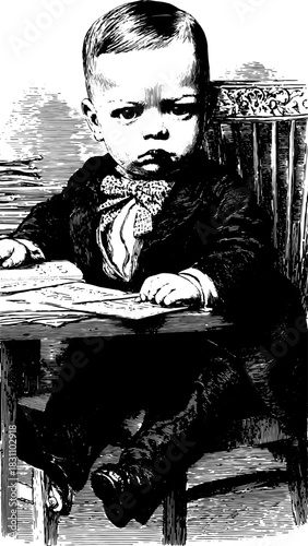 Vintage illustration of a boy seated at a table. Antique engraving vector representation with a black outline showcasing classic attire and demeanor set.