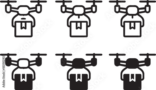 Isolated Smart Delivery Drone Icon, smart delivery drone symbol, drone shipping futuristic icon, black minimal drone design, delivery drone tool for buyers, clean vector for logistics innovation use