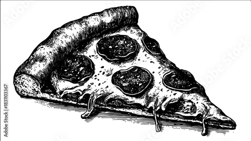Black and white vintage outline drawing of a pizza slice with cheese and pepperoni. Detailed vector illustration for food menus or design.