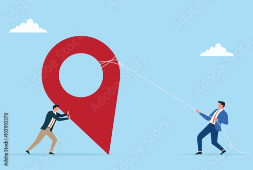 Vector illustration of two businessmen working together to position a giant location marker, symbolizing teamwork, strategic direction, and the effort required to achieve shared goals
