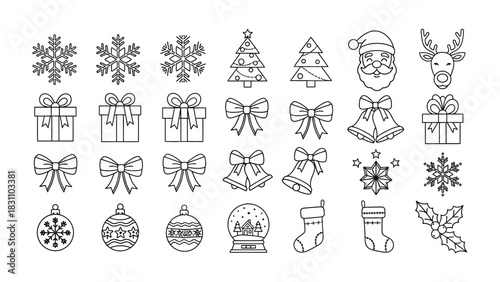 Festive Array: A delightful assortment of festive icons, encompassing Christmas tree, ornament, gifts, reindeer, stocking, bell and snowflakes, all ready to usher in the holiday season.