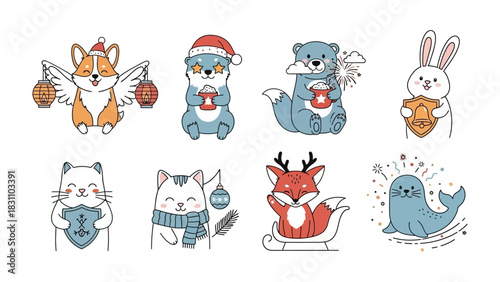 Festive Fauna Fantasy: An adorable collection of cartoon animal characters, each adorned with seasonal attire and charming accessories, are celebrating festive holidays.