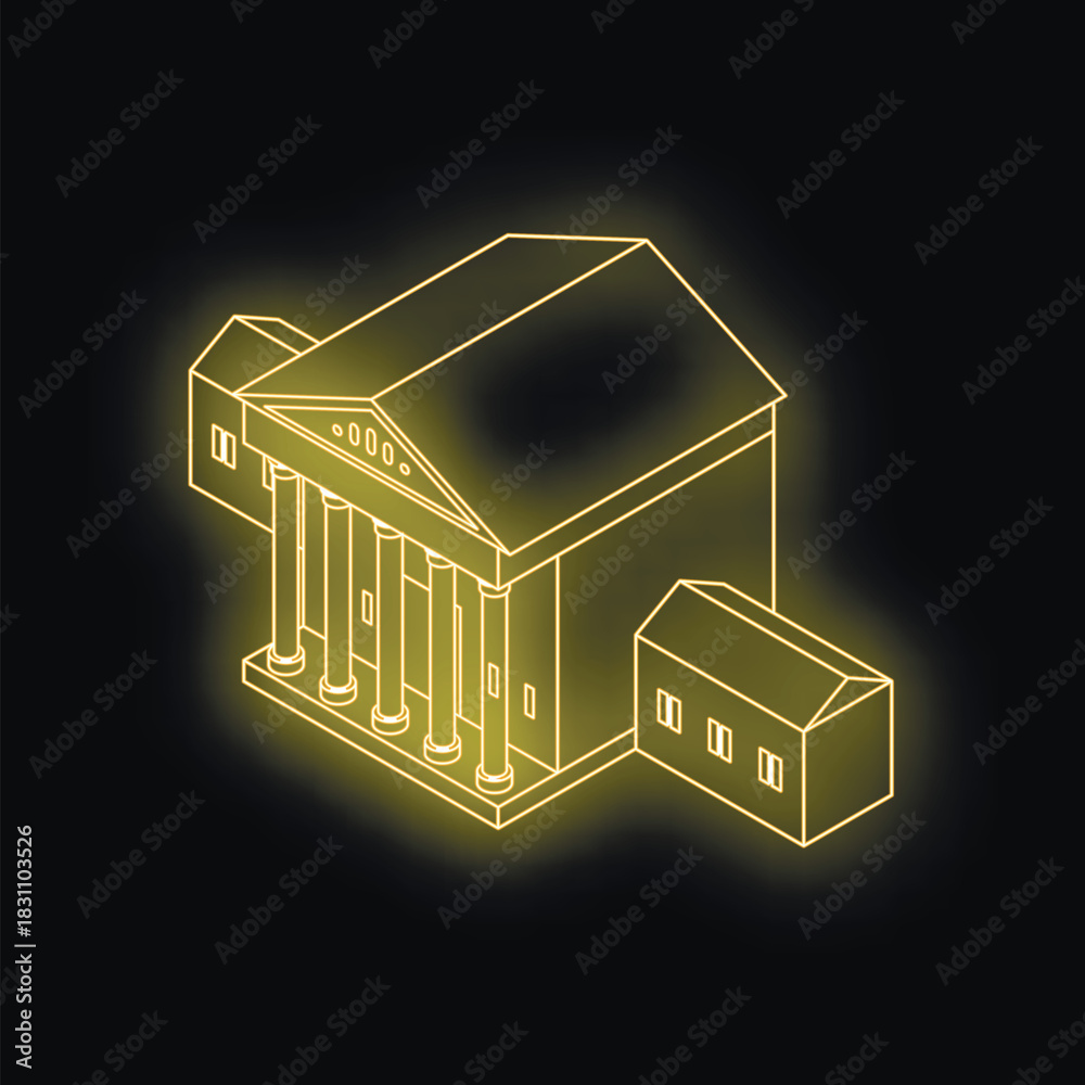 Obraz premium Isometric projection of a glowing public building with columns at night, possibly a courthouse, bank, or government office