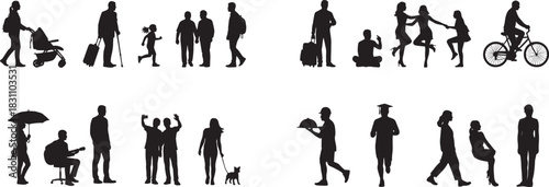 Vector Diverse People Silhouettes Collection for Architectural Entourage High-Resolution Set of Black Figures Engaged in Various Activities (Family, Travel, Leisure, Professional) Displayed Across