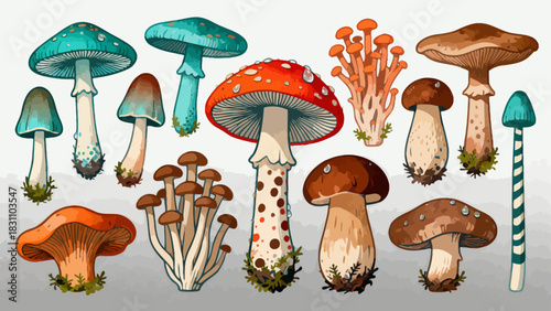 This vibrant illustration displays a diverse collection of colorful mushrooms (including spotty, chanterelle, and morel varieties) in various sizes and hues