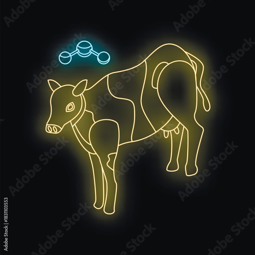 Neon cow sign with molecule above, symbolizing dairy farming, milk production, and the science of agriculture