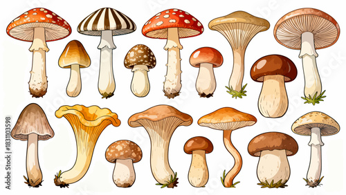 This vibrant illustration displays a diverse collection of colorful mushrooms (including spotty, chanterelle, and morel varieties) in various sizes and hues