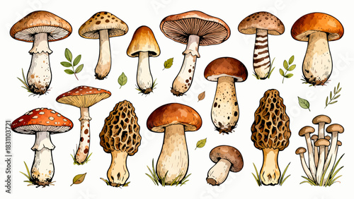 This vibrant illustration displays a diverse collection of colorful mushrooms (including spotty, chanterelle, and morel varieties) in various sizes and hues