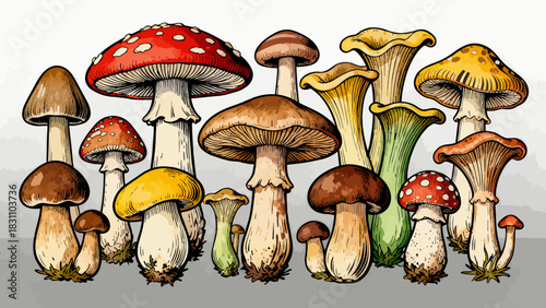 This vibrant illustration displays a diverse collection of colorful mushrooms (including spotty, chanterelle, and morel varieties) in various sizes and hues