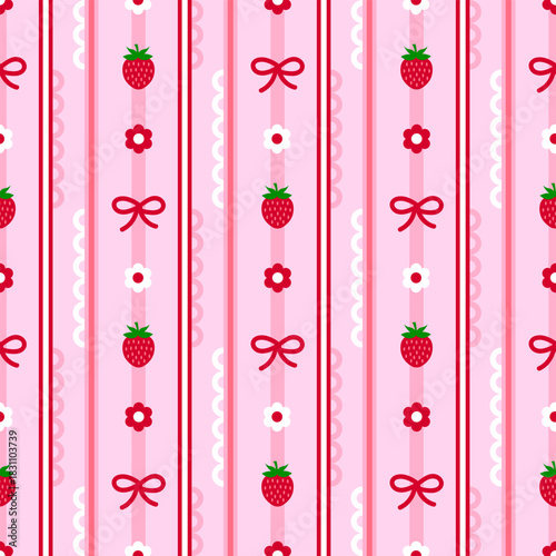 Pink striped cottagecore style seamless pattern with cute strawberries, bows, ribbons and small daisy flowers. Vector illustration for backgrounds, textiles, wrapping paper decorative design 