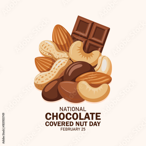 National Chocolate Covered Nut Day vector. Pile of mixed nuts in chocolate icon. Group of chocolate covered nuts vector illustration. February 25 every year. Important day.
