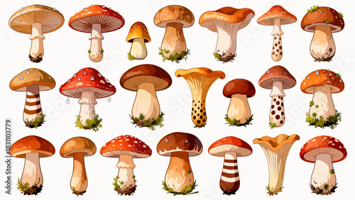This vibrant illustration displays a diverse collection of colorful mushrooms (including spotty, chanterelle, and morel varieties) in various sizes and hues