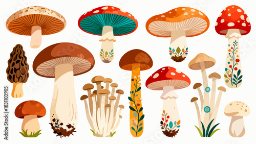 This vibrant illustration displays a diverse collection of colorful mushrooms (including spotty, chanterelle, and morel varieties) in various sizes and hues