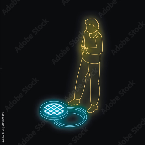 Neon isometric vector illustration of man using smartphone near open manhole at night, concept of danger and distraction