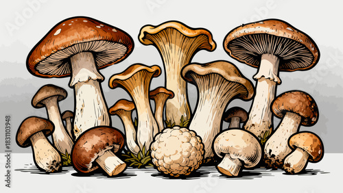 This vibrant illustration displays a diverse collection of colorful mushrooms (including spotty, chanterelle, and morel varieties) in various sizes and hues