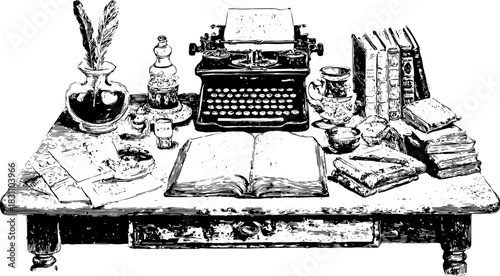 Vintage typewriter on an antique desk. Hand-drawn illustration features a set of books, a fountain pen, and an ink bottle in vector style.