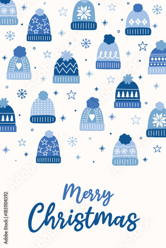 Christmas poster with decorations in cartoon style. Greeting card with hand drawn winter hats. Vector illustration