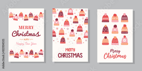 Set with colourful Christmas greeting card with cartoon winter hats. Vector illustration