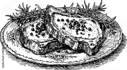 Vintage engraving of food on a platter, showcasing peppercorn and rosemary. Detailed line drawing illustration of a culinary dish set, vector design.