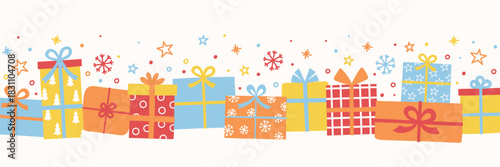 Christmas banner with cartoon hand drawn presents with bows. Vector illustration
