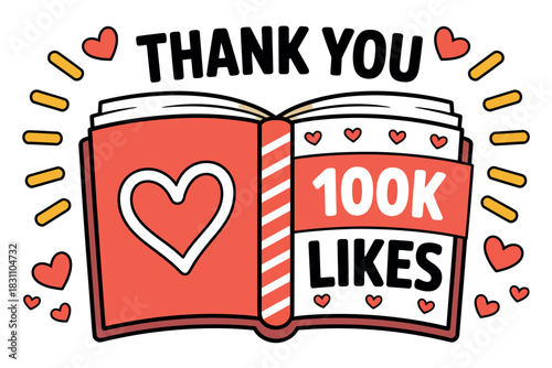 Thank you 100K likes message conveyed through an open book with hearts and warm light effects.