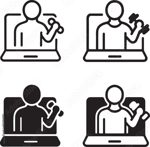 Isolated Virtual Fitness Coach Icon, virtual fitness coach symbol, digital workout trainer icon, black minimal fitness coach design, fitness coach guide for buyers, clean vector for training use