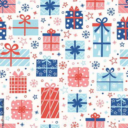 Colourful seamless pattern with cute hand drawn presents. Christmas background concept. Banner. Vector illustration