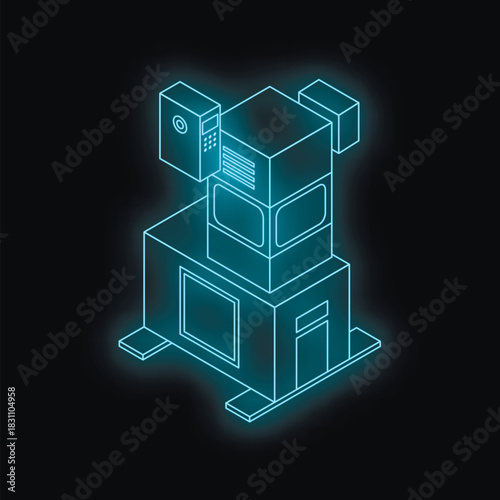 Neon blue server room glowing on a dark background, depicted in an isometric perspective