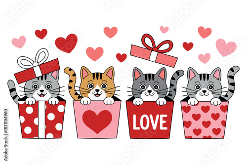Four adorable cats are peeking out of gift boxes decorated with hearts and patterns, celebrating love.