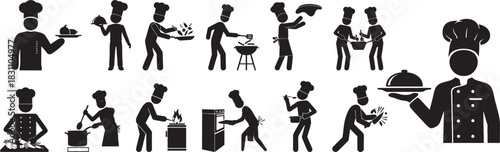 Chef Stickman Cooking Icons – Restaurant, Kitchen, Culinary, Food Preparation Silhouette Set