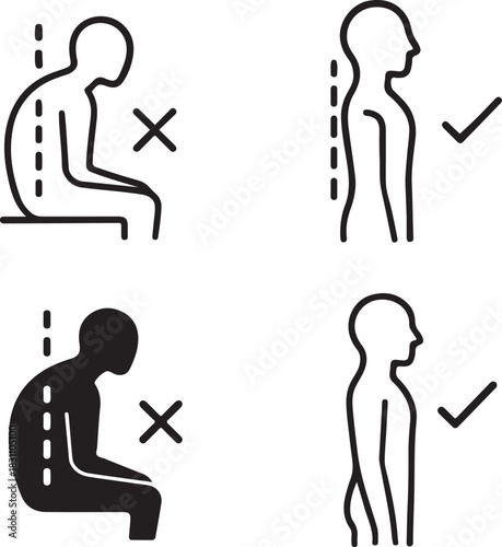 Isolated Posture Correction Icon, posture correction symbol, body alignment posture icon, black minimal posture design, healthy posture tool for buyers, clean vector for wellness improvement use