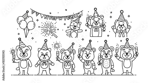 Party Bears Celebration: A delightful illustration showcases a group of cheerful bears ready to celebrate with festive hats, sparklers, and champagne glasses, alongside balloons and festive garlands.