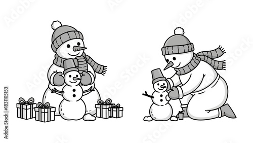 Building a Winter Wonderland: Two charming snowmen craft a miniature companion and prepare for a joyful festive season, amidst wrapped gifts, encapsulating the spirit of winter's bliss.