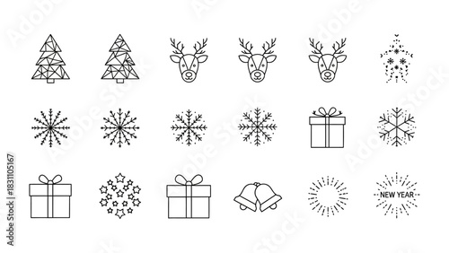 Festive Holiday Icons: A collection of meticulously crafted, minimalist line art icons, each element embodying the spirit of celebration and joy. The collection includes christmas tree, deer.