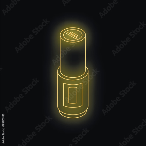 Glowing neon yellow cosmetic lipstick with black background, representing beauty, fashion and cosmetics